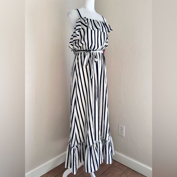 NWT Betsy Johnson Navy and White Ruffle Maxi Dress Size 10 - Picture 2 of 10